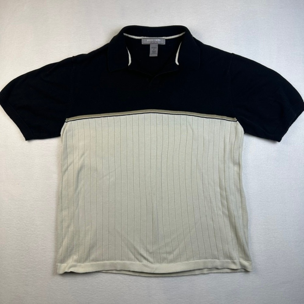 Pierre Cardin Polo Shirt Men XL Black Ribbed Knit Colorblock Vintage Dad Core